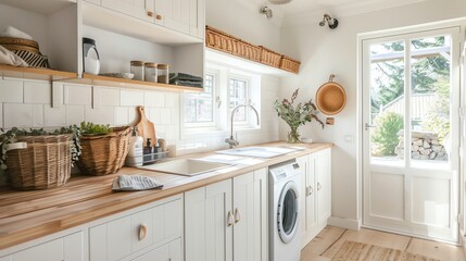 A Scandinavian laundry room with white cabinets, wooden countertops, and wicker baskets for storage