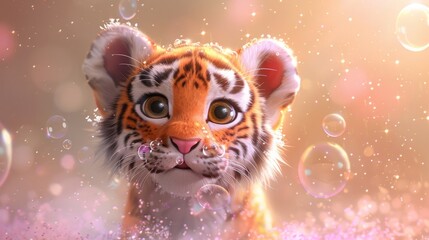 A cute little tiger cub is looking at the camera with a big smile on its face