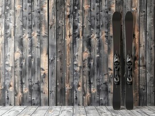 Modern Minimalist Black Skis Adorning a Wooden Wall