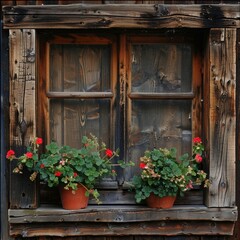 Fototapeta na wymiar Enchanting Wooden Window Frames Adorned with Flowerpots
