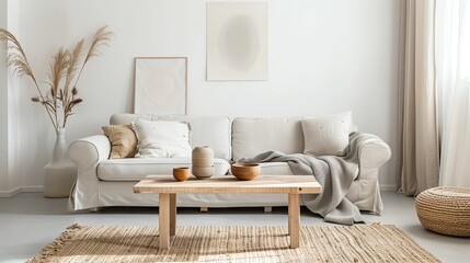 A Scandinavian living room with a light gray sofa, white walls, and a natural wood coffee table adorned with simple ceramics