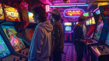 Intense Arcade Competition Among Friends with Retro Video Game Machines