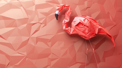 Elegant origami flamingo sculpture on a monochromatic geometric background