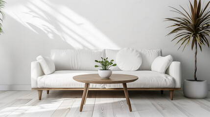 Photograph of a trendy scandinavian coffee table near a sofa. Minimalist style.