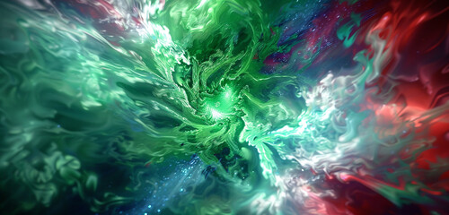 Abstract excitement explosion in green and violet with patriotic swirls.