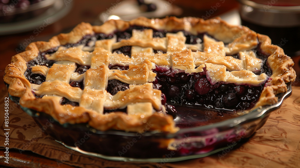 Poster blueberry pie with a missing slice, showing layers and textures, inviting view