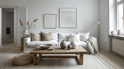 A Scandinavian living room with a light gray sofa, white walls, and a natural wood coffee table adorned with simple ceramics