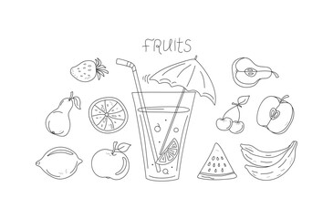 Juice in glass, fruit cocktail. Set of abstract fruits. Juicy fruits whole and slices. Food and drinks. Abstract drawings of fruits and berries. Beach bar. Line icons. Scribble. Vector illustration