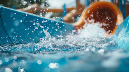 Close-up of water splashing on a bright blue pool slide, action shot 