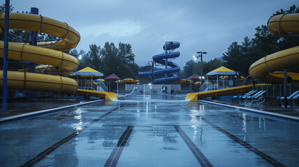 Empty waterpark early morning, serene pools and untouched slides, calm before the storm 