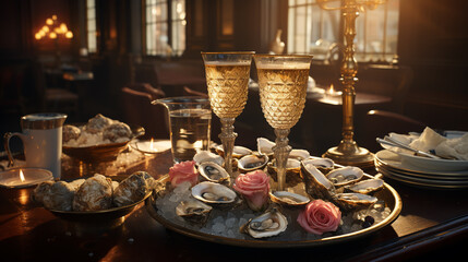 Fototapeta premium Fresh oysters with lime on a round plate. Oyster season. Macro-seafood dish. Oyster on the half shell.
