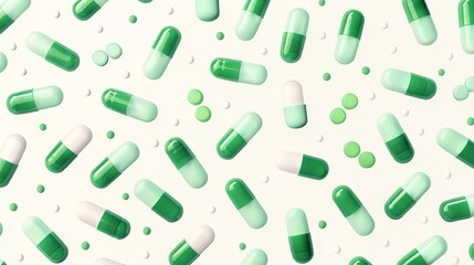 Minimalist green and white medicine pills pattern isolated on white background realistic illustration flat design top view health theme 3D render Complementary Color Scheme