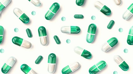 Minimalist green and white medicine pills pattern isolated on white background realistic illustration flat design top view health theme 3D render Complementary Color Scheme