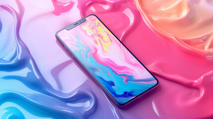 'Smartphone mockup floating with colorful abstract background, showing the screen interface' 
