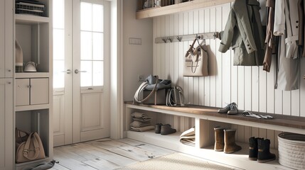 A Scandinavian mudroom with builtin wooden benches, open cubbies for shoes, and simple hooks for outerwear