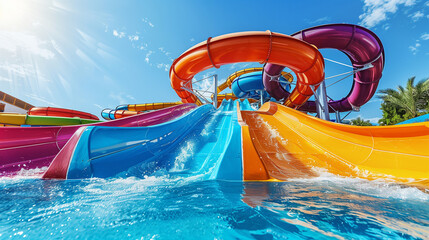 Wide angle of colorful water slides at a bustling waterpark, sunny day 