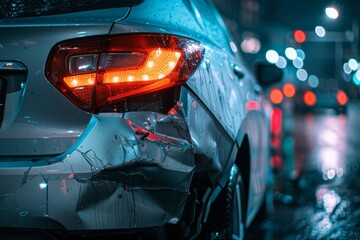 Nighttime Traffic Accident: Close-Up of a Damaged Silver Hatchback with Broken Tail Lights