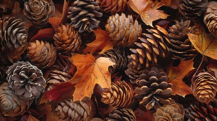 Precisionist portrayal of rough pine cones with scattered autumn leaves, focused on linear clarity and shape