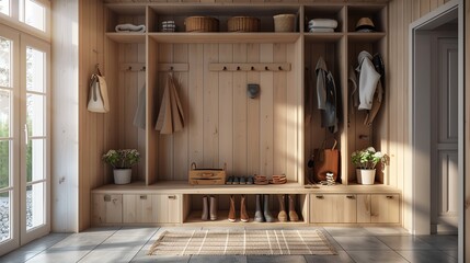 A Scandinavian mudroom with builtin wooden benches, open cubbies for shoes, and simple hooks for outerwear