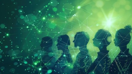 Obraz premium Silhouettes of business people, business network. Digital network team of people collaborating on brain storming new technology concepts and global success strategy ideas 