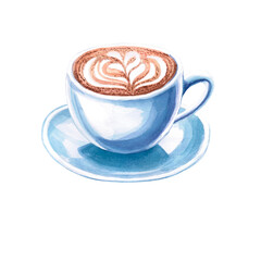 Cappuccino with foam in a ceramic mug on a saucer in a watercolor illustration on a white background. Hand drawn coffee illustration for caffeine, menu, cookbooks, coffee brand logo,