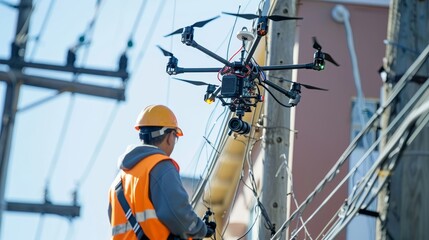 A man in an orange safety suit is controlling a drone