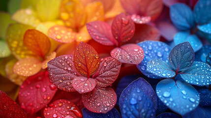 A macro closeup photo of multicolor leaves, top view of colorful fresh plant bush 