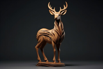 Deer statue made of wood on black background. 3d illustration