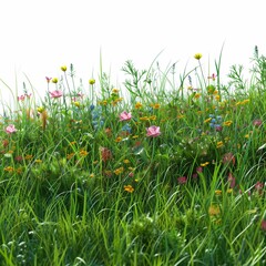 Green grass and wildflowers on white background, copy space