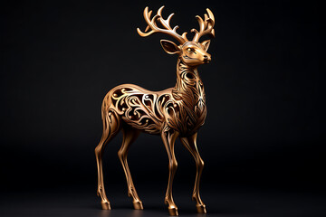Deer statue made of wood on black background. 3d illustration