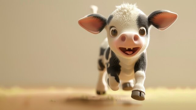 A cartoon cow is running with its mouth open and its eyes wide