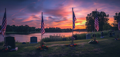 Serene twilight scene with American flags adorning veteran graves for Memorial Day.