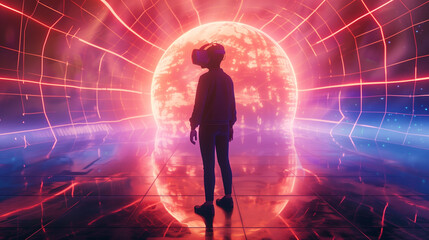 Man in VR glasses in neon space, digital world	