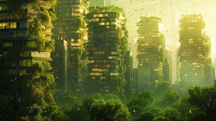 Splendid environmental awareness city with vertical forest concept of metropolis covered with green plants. Civil architecture and natural biological life combination. Digital art generative AI.
