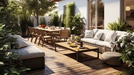 Photorealistic view of a beautiful modern house with a large outdoor patio.