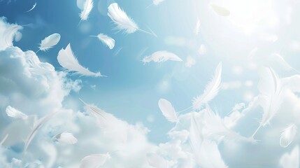 "Abstract image of white feathers floating in the air."