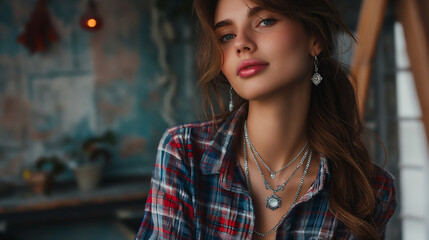 A young woman with long brown hair is wearing a plaid shirt and looking at the camera.

 - Powered by Adobe