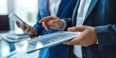Close-up of business professionals reviewing analytics on a tablet, highlighting teamwork and technology in corporate settings