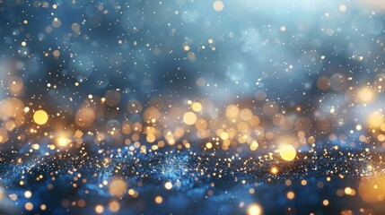 Twinkling silver and gold glitter lights on defocused blue background. Elegant Christmas or New Year holiday concept. AI Generative. hyper realistic 