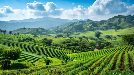 Avocado farm and green hills in Spring season