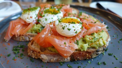 Avocado toast topped with poached egg and salmon, a delicious dish from Mafrens Food.
