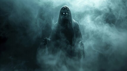 Fototapeta premium A ghostly figure is walking through a dark hallway with smoke and fog