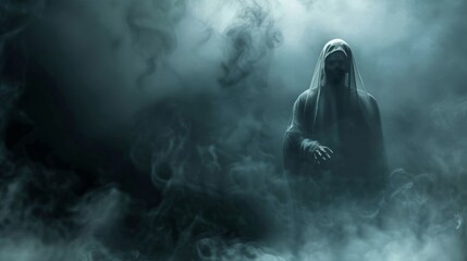 A ghostly figure sits in the mist, surrounded by smoke