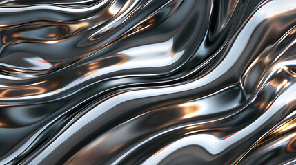 Black and white image of fluid, reflective silver waves , organic shape made from glossy glass material, with a soft white background that enhances the reflective and wavy textures of its surface