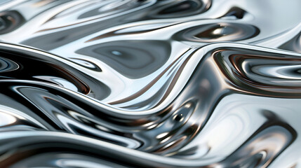 Black and white image of fluid, reflective silver waves , organic shape made from glossy glass material, with a soft white background that enhances the reflective and wavy textures of its surface