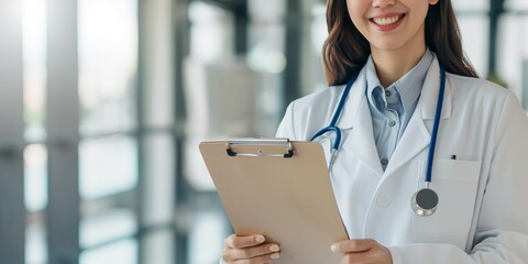 A happy female doctor with a clipboard, exuding professionalism, confidence, and a friendly demeanor in a modern medical facility