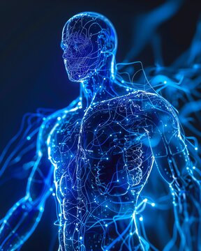 Generate an abstract representation of the human body using a biopunk style. The image should be dark and mysterious, with a focus on the body's internal systems.