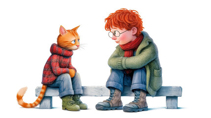 A red-haired boy and a red cat in jeans and a jacket are sitting on a bench. Isolated on white background.