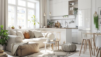 A Scandinavianinspired studio apartment with a multifunctional furniture layout, bright whites, and wooden accents