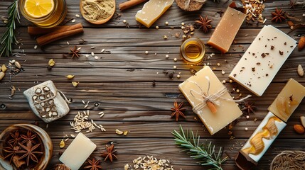 Top view arrangement of artisanal soap bars and lavender blossoms on wood